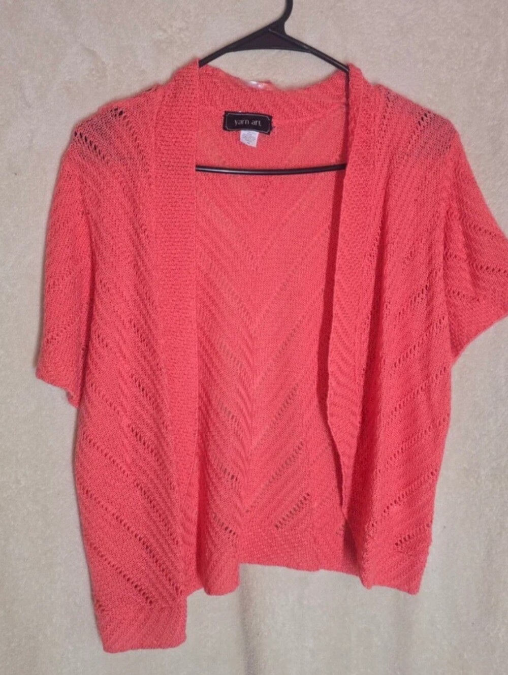 Yarn Art Open Front Cardigan Womens Size 1X Coral Short Sleeve Vintage